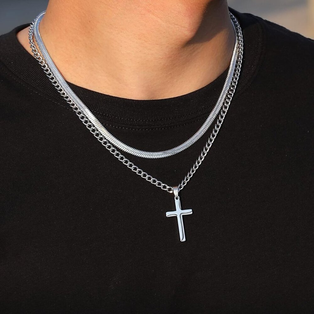 Cross Necklace for Men Boys, Stainless Steel Layered Cuban Link Herringbone Chai - Picture 3 of 6